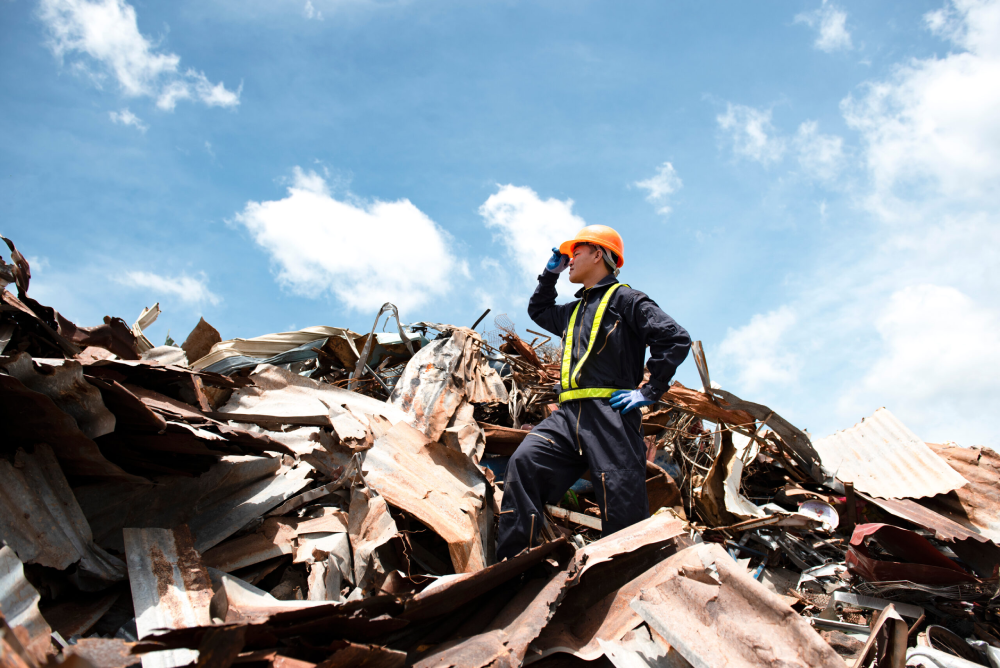 Image of a man wearing a protective clothes at a pile of crap mrtal
